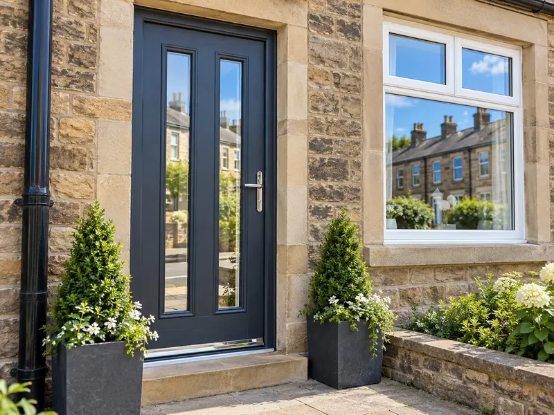 Anthracite grey uPVC front door fitted on a stone terraced house in Halifax