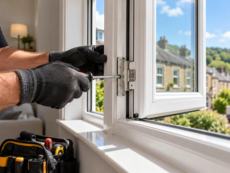 Hinge being adjusted on a white uPVC window in Halifax